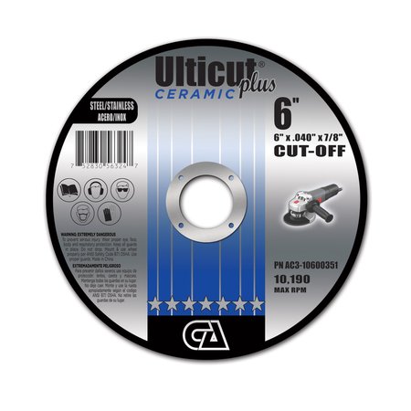 CONTINENTAL ABRASIVES 6" x .040" x 7/8" Ceramic Ulticut Plus T1 Double Reinforced Cut-Off Wheel for Stainless/Steel AC3-10600351